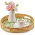 thumbnail image 2 of 13.8 in Round Rattan Serving Tray with Handle, Mother of Pearl Inlay Wooden Base, Decorative Wicker for Table, Kitchen Island & Home Decor (Green Leaf), 2 of 9