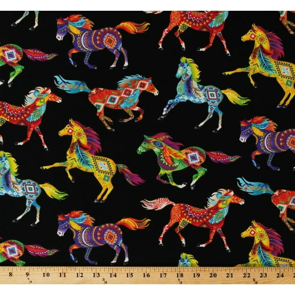 Cotton Southwestern Horses Decorated Horse Aztec Tribal Designs Feathers Bright Multi-Color Animals on Black Cotton Fabric Print by the Yard (WEST-C5160-BRITE)