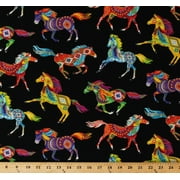 Cotton Southwestern Horses Decorated Horse Aztec Tribal Designs Feathers Bright Multi-Color Animals on Black Cotton Fabric Print by the Yard (WEST-C5160-BRITE)