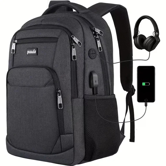 PAUDE Unisex Adult USB Charging Port Polyester 15.6" Laptop Backpack, Black