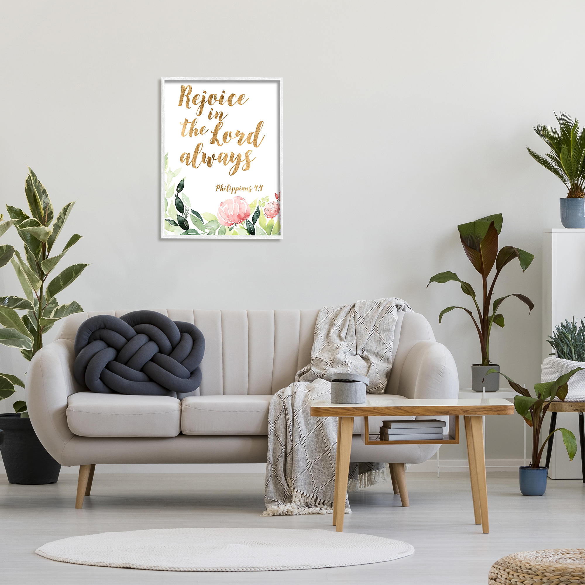 Stupell Industries Rejoice In The Lord Spiritual Quote Philippians 4:4 Soft Florals Graphic Art White Framed Art Print Wall Art, 24x30, by Studio W