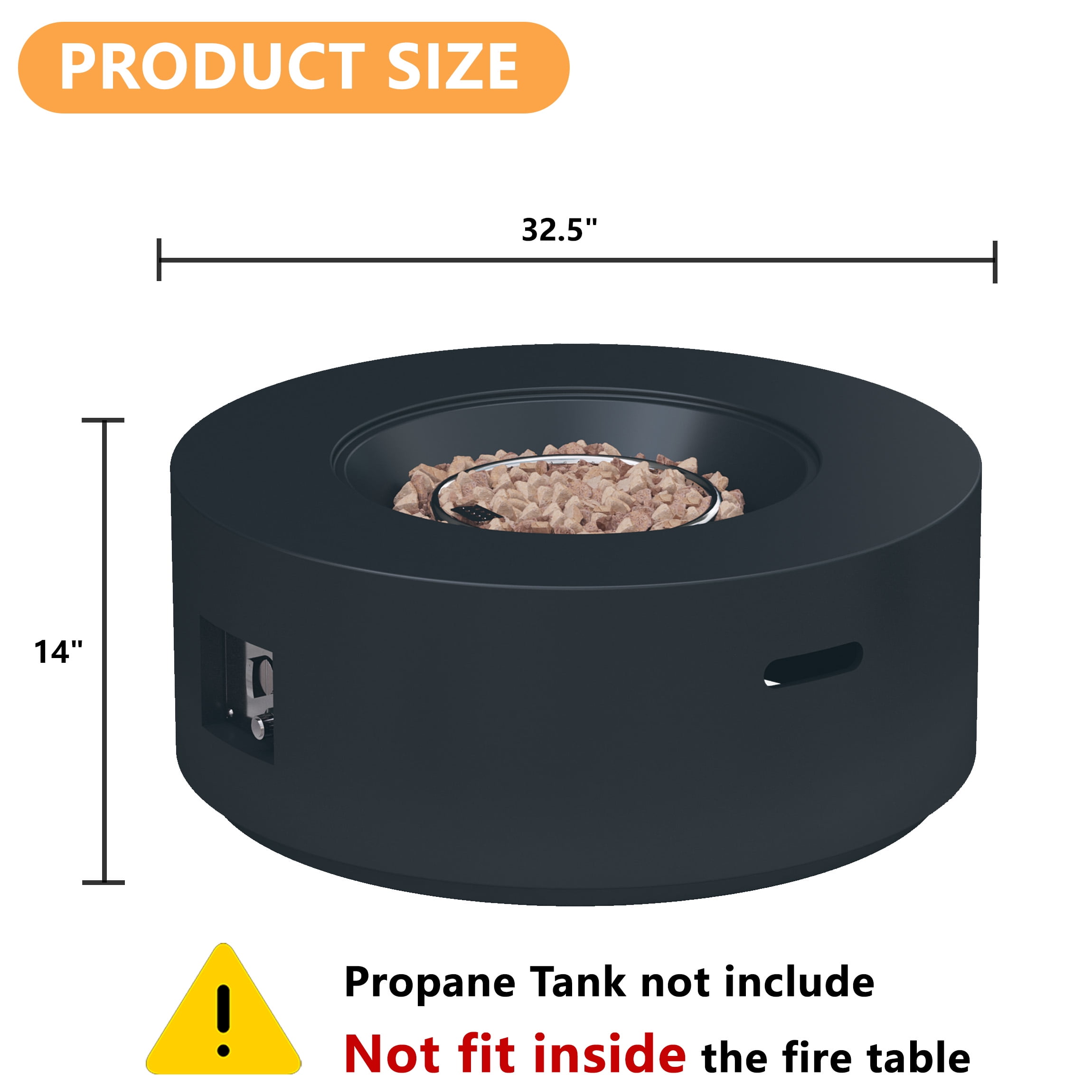 Wakeyard 32.5 inch Round Propane Fire Pit Table, 50000 BTU, Includes Lava Rock,Black