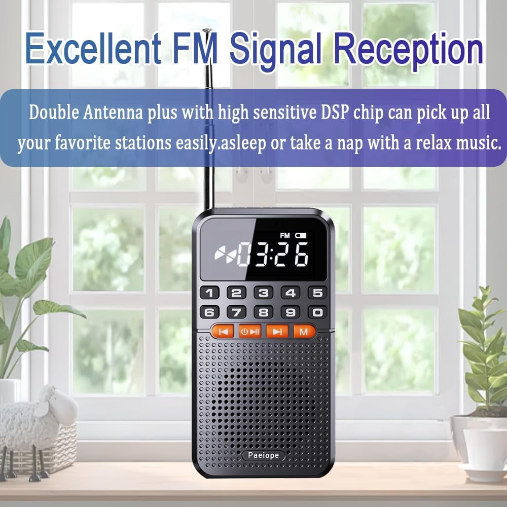 Portable FM Radio with Bluetooth and TF Card Socket, Rechargeable Pocket Radio with Best Reception,Auto Scan, LED Display, Emergency Flashlight for Outdoor Indoor (No AM)