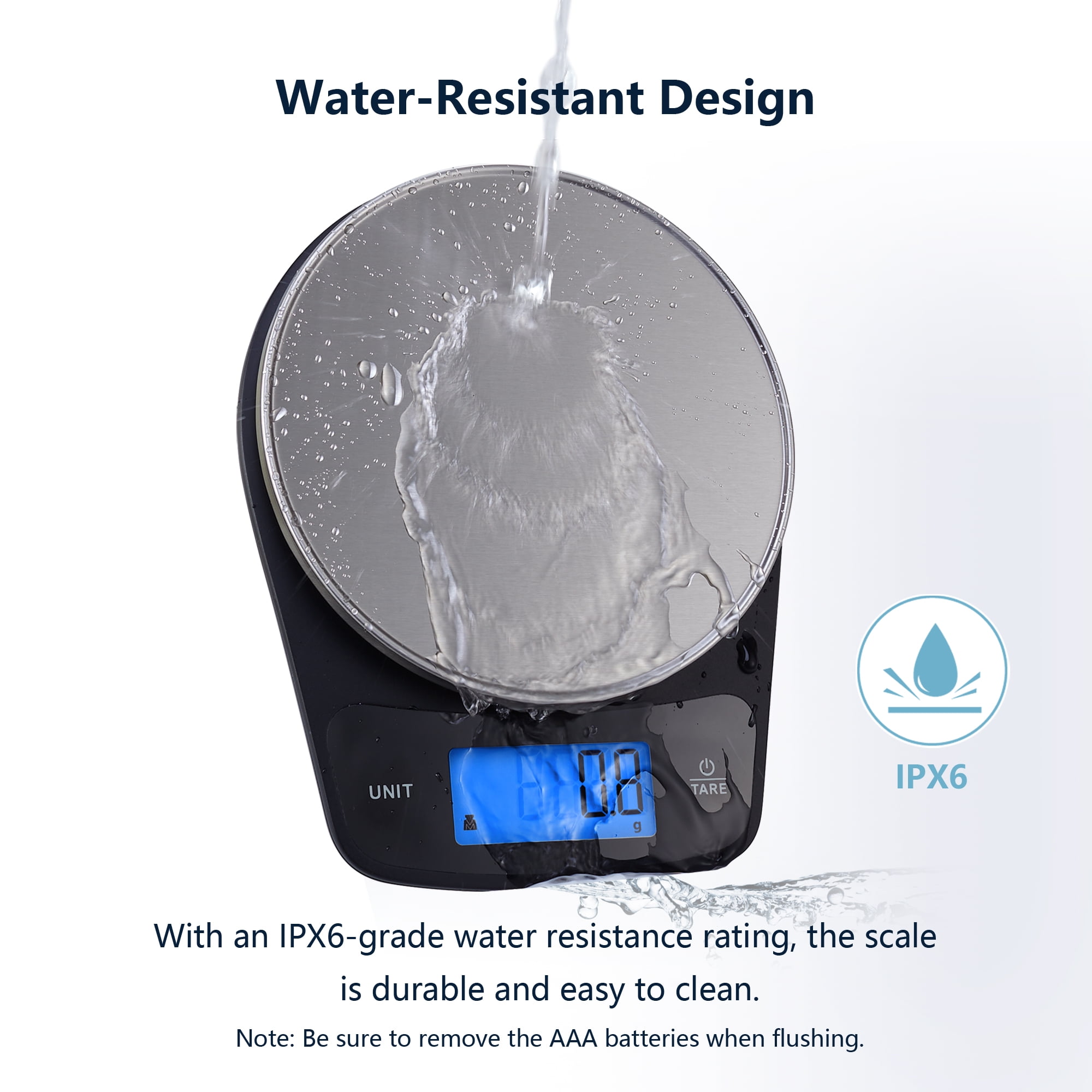 Mainstays Waterproof Digital Kitchen Scale with Blue Backlit, Black