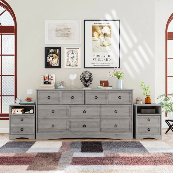 Holliwill Dresser Nightstands Set, 10 Drawers Dresser and 2pcs Bedside Table for Bedroom, Grey