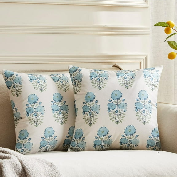 Pack of 2, Blue Floral Pillow Cover 18 x 18 Inch Mughal Flower Throw Pillow Cover Linen Farmhouse Pillow Case Cushion Covers for Sofa Couch Living Room