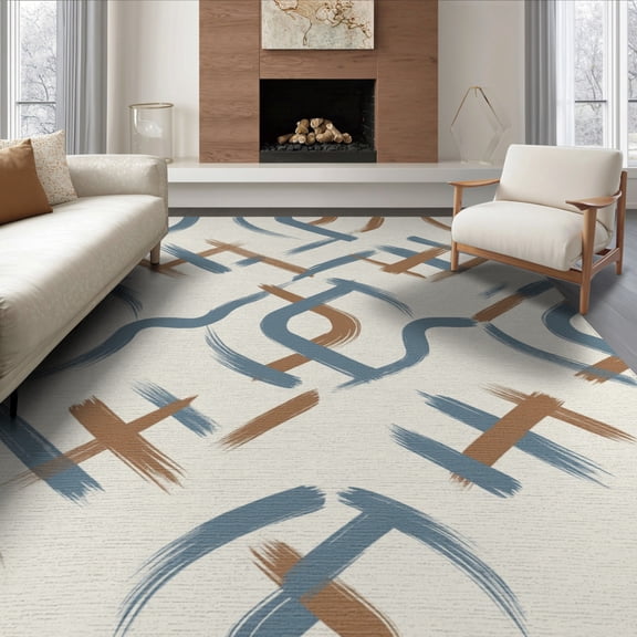 ODIKA 8'x10' Washable Area Rug Non-Slip Chair-Friendly Mat Tan Abstract Navy Neutral Motif Geometric Interlocking Brushstroke for Dining Room, Large Office, Lounge