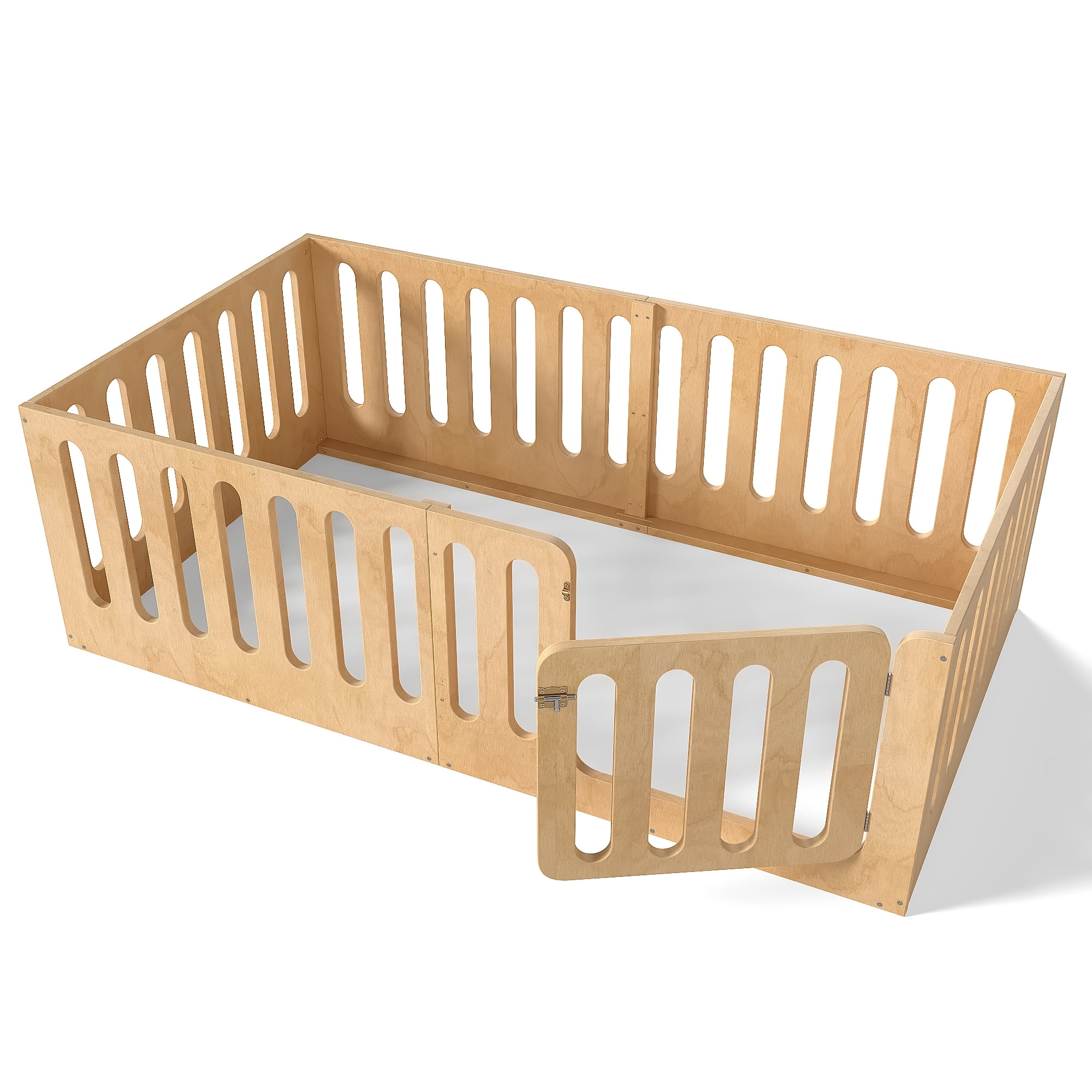 Miniyam Twin Floor Bed with Door, Low Profile Kids Bed with Guardrails,, Natural