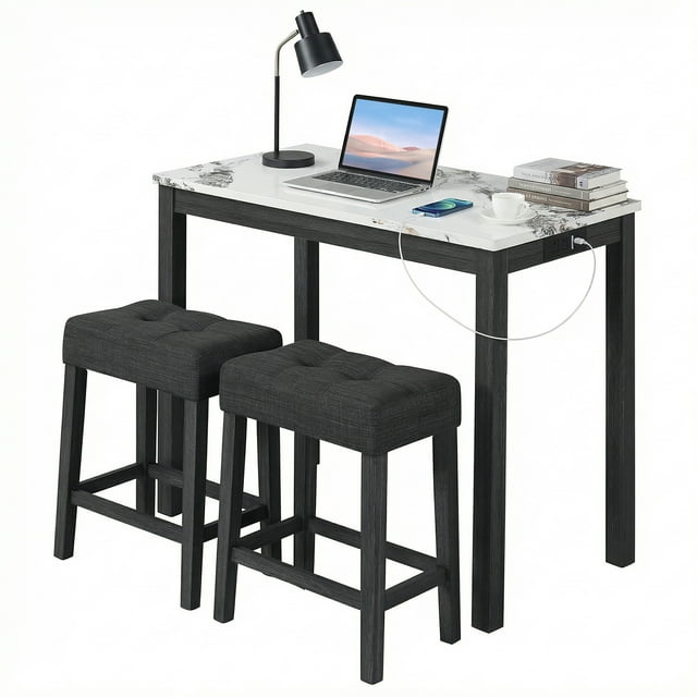 Gymax 3 PCS Bar Table Set w/ Charging Station Modern Counter Height Breakfast Table White