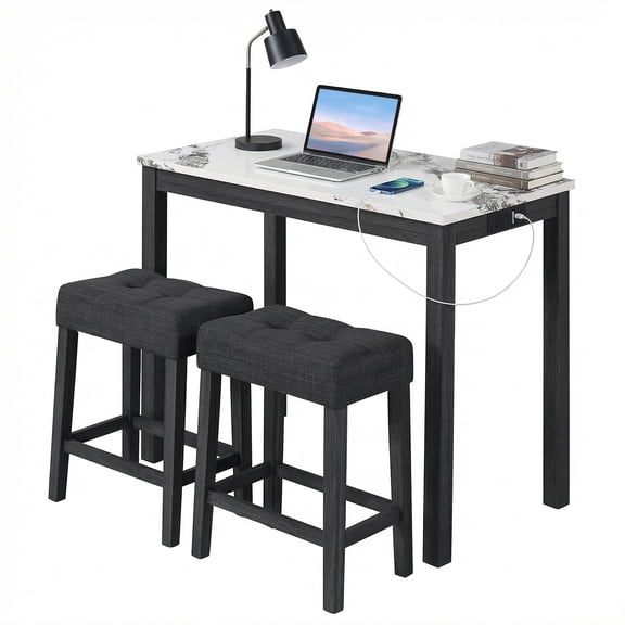 Gymax 3 PCS Bar Table Set w/ Charging Station Modern Counter Height Breakfast Table White