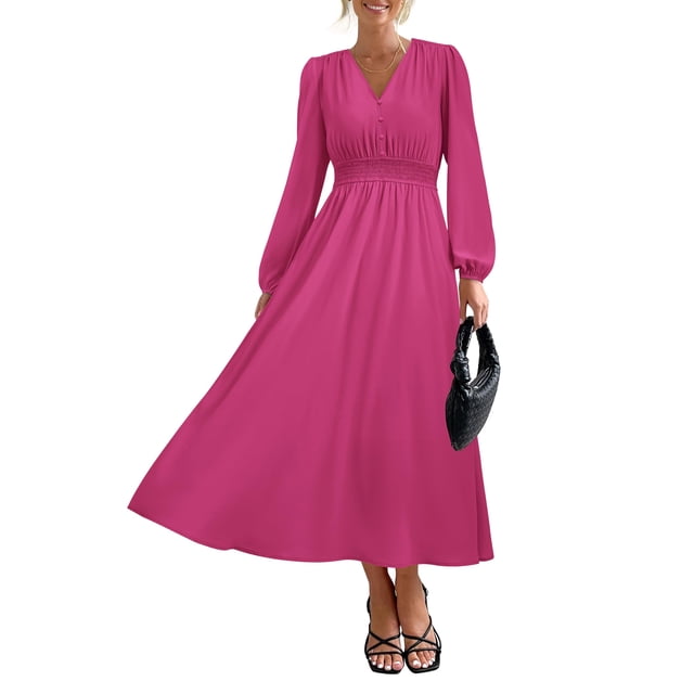 Vestido largo PRETTYGARDEN 2025 primavera manga larga con cuello en V para mujer