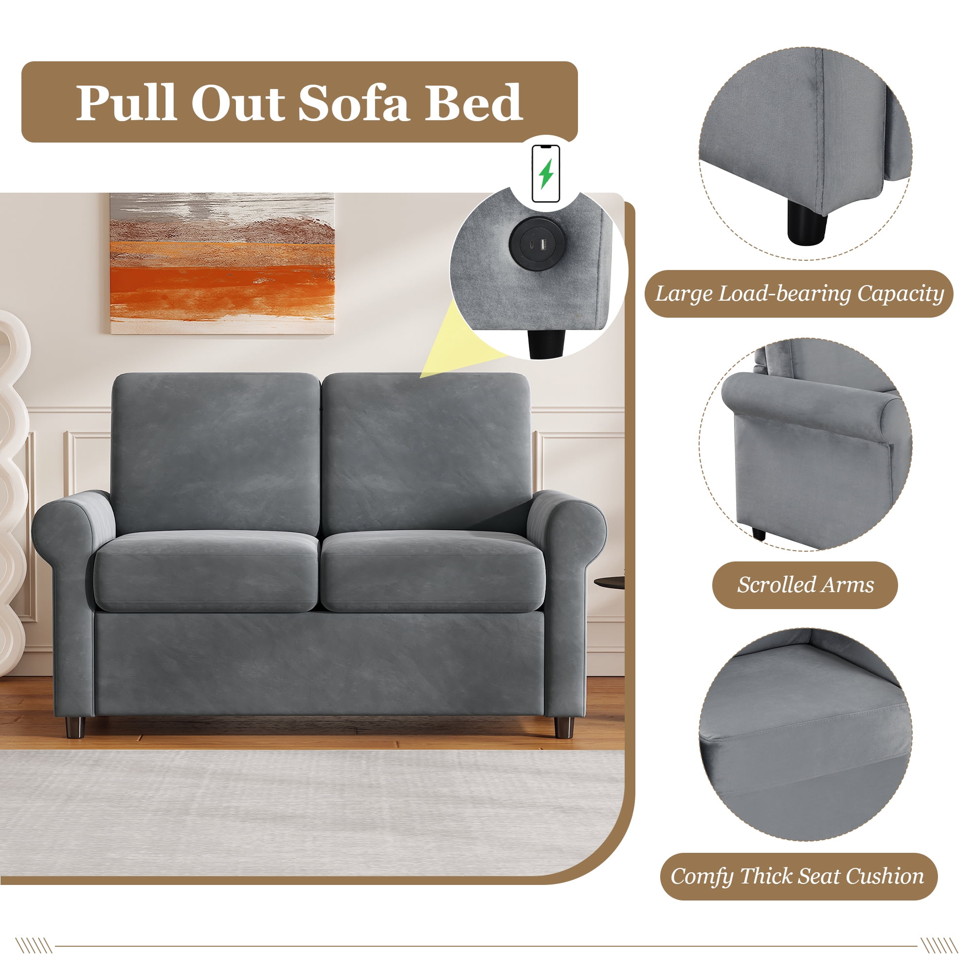 EUROCO 500LBS 57.4" Pull Out Sofa Bed,Twin Sleeper Sofa Couch with Mattress Pad,Large Sofa Sleeper Pullout Couch Bed with 2 USB Ports for Living Room Office