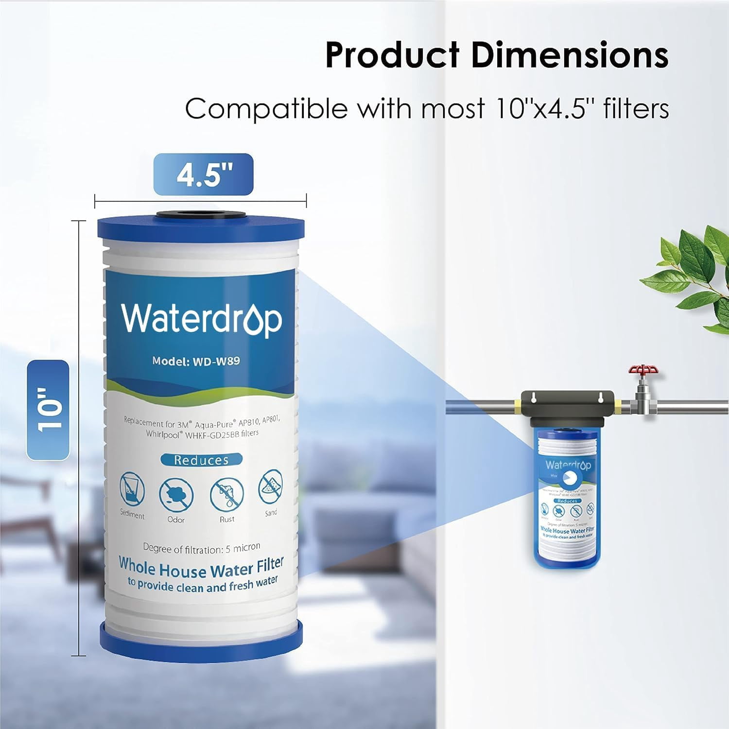 Waterdrop AP810 Whole House Water Filter, Replacement for AP810, AP801, AP811, WHKF-DWHBB, 5 Micron, 10" x 4.5", Well & Tap Water Filter, Pack of 3