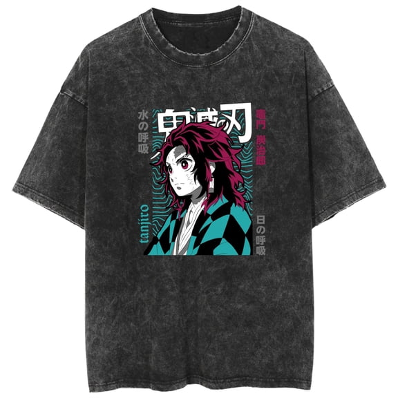 Duoxingbao New washed short-sleeved Demon Slayer print loose retro T-shirt for men and women