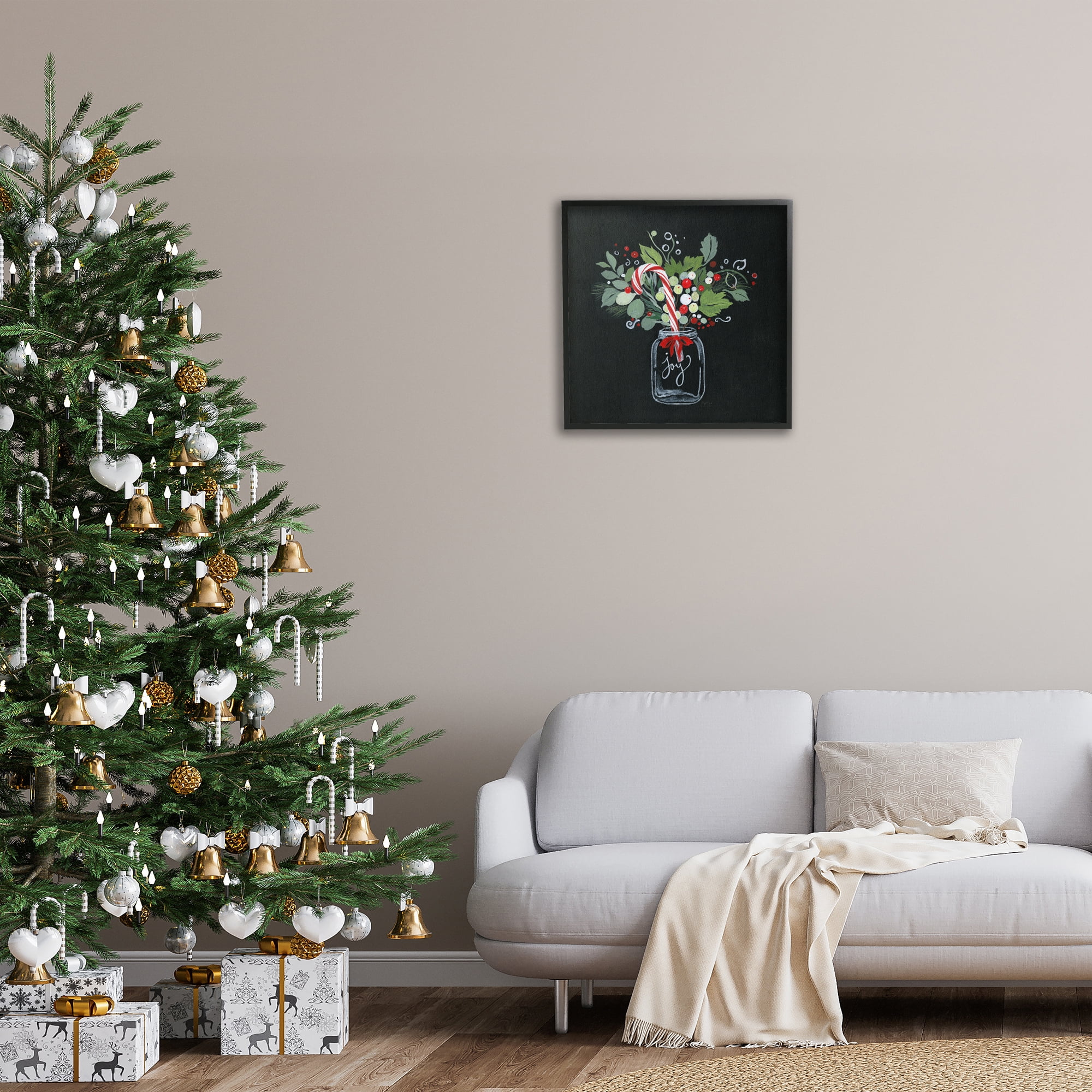 Stupell Industries Joy Candy Cane Jar Holiday Painting Black Framed Art Prints Wall Art, 24 x 24