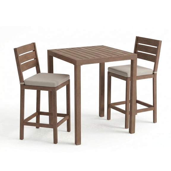 Martha Stewart 3 Piece Aluminum Patio Set, 2 Bar Stools with Cream Cushions, 35.5" Square Patio Table, Brown Brushed Woodgrain Finish