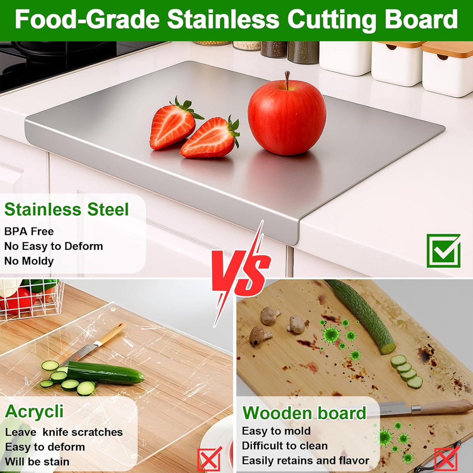 Bxaolu Stainless Steel Cutting Boards for Kitchen - Food-Grade - Suitable for Meat, Fruits, Veggies, Bread- Large-sized Chopping Boards with Lip - 11.81x17.75 in