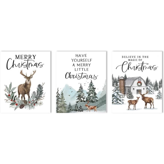 Winter Christmas Canvas Wall Art:Christmas Tree Forest Pictures Nature Painting Reindeer Prints Snowy Scene Xmas Holiday Decorations Rustic Barn Farmhouse Christmas Wall Decor(Set of 3,12x15 Inch)