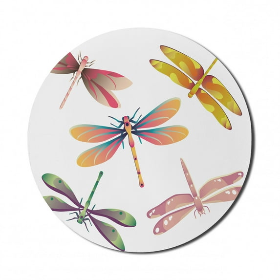 Dragonfly Mouse Pad for Computers, 5 Bugs in Modern Abstract Pattern Natural Beauty Motif, Round Non-Slip Thick Rubber Modern Gaming Mousepad, 8" Round, Multicolor, by Ambesonne
