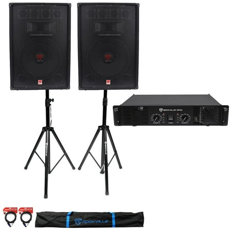 (2) Rockville RSG15.4 15 PA Speakers + Rockville RPA9 Amp + Stands+Cables+Case