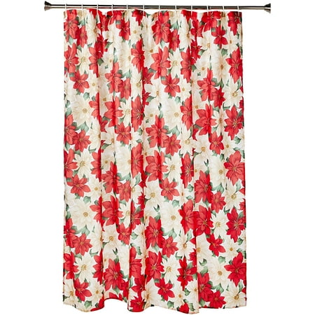 Decorative Christmas Printed Poinsettia Floral Design Shower Curtain - 72 X 72