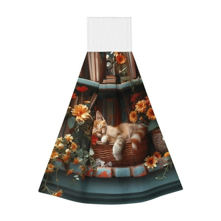

Gaeub Cat Asleep Among Flowers Print Hand Towels with Hook Hanging Tie Towels Coral Velvet Dishtowels for Bathroom Restroom Home Decor