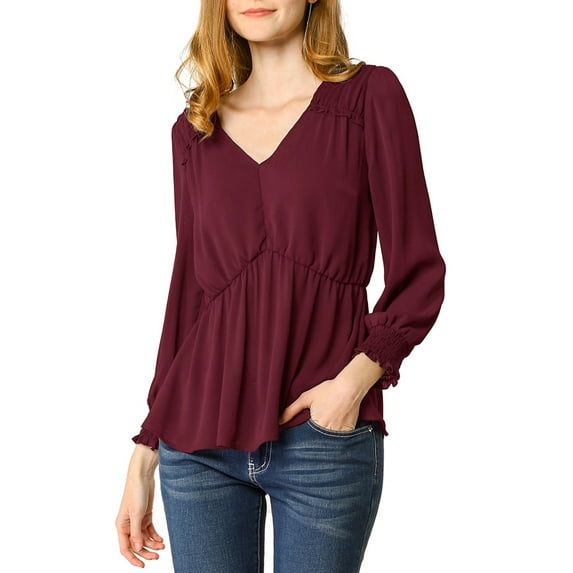 Allegra K Women's Ruffled Long Puff Sleeves Blouses V Neck Solid Color Semi Sheer Top