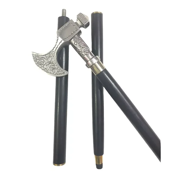 Vintage Viking Axe Brass Handle stick wood walking stick Victorian Wooden Walking Stick Cane