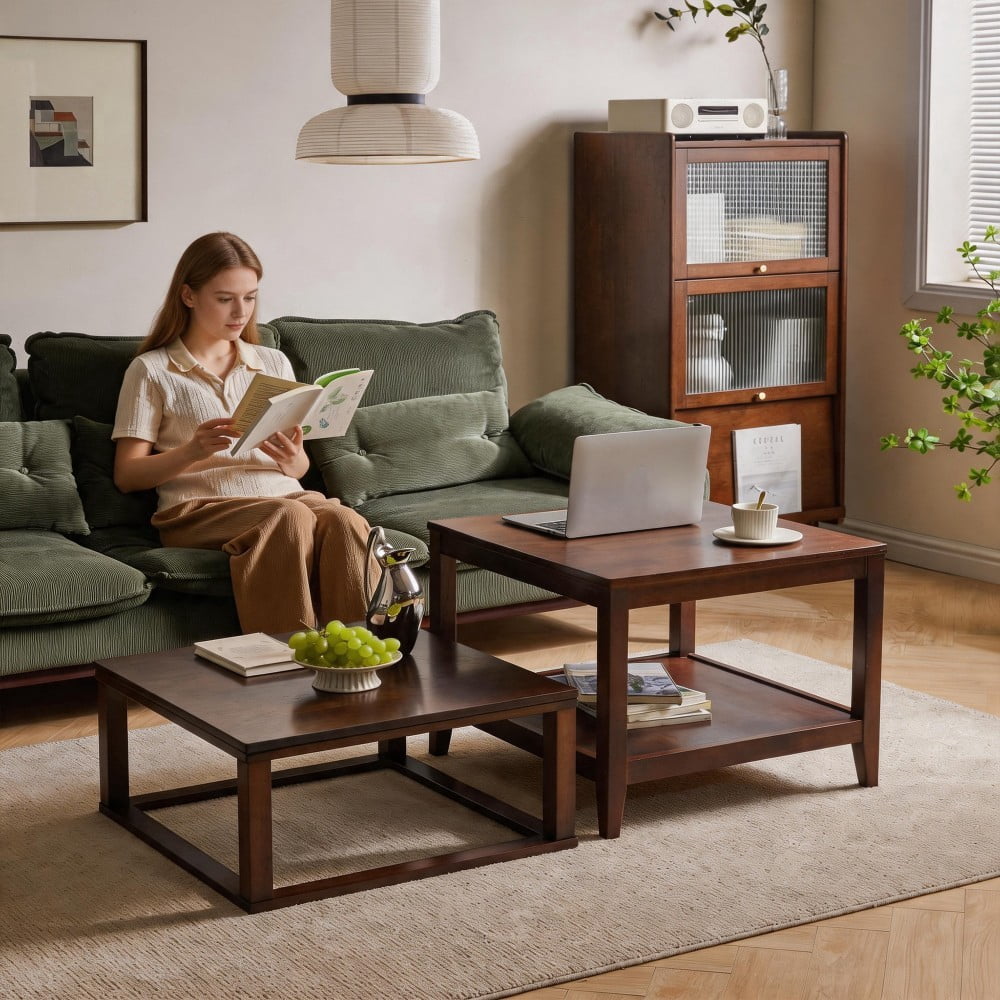 20" Walnut Solid Wood End Table, 2-Tier Square Side Table with Storage Shelf, Wooden Nightstand, Small Coffee Table for Living Room, Bedroom, Office