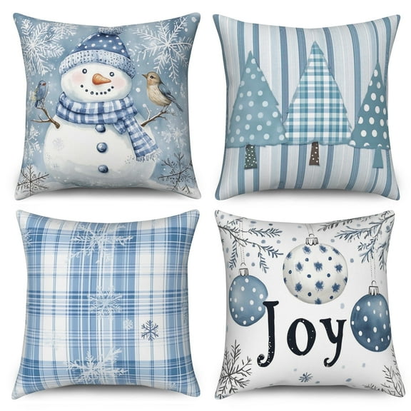 Dashan Blue Christmas Pillow Covers 16x16 Set of 4,Winter Snowman Decorative Pillow Cases for Bed Couch Living Room