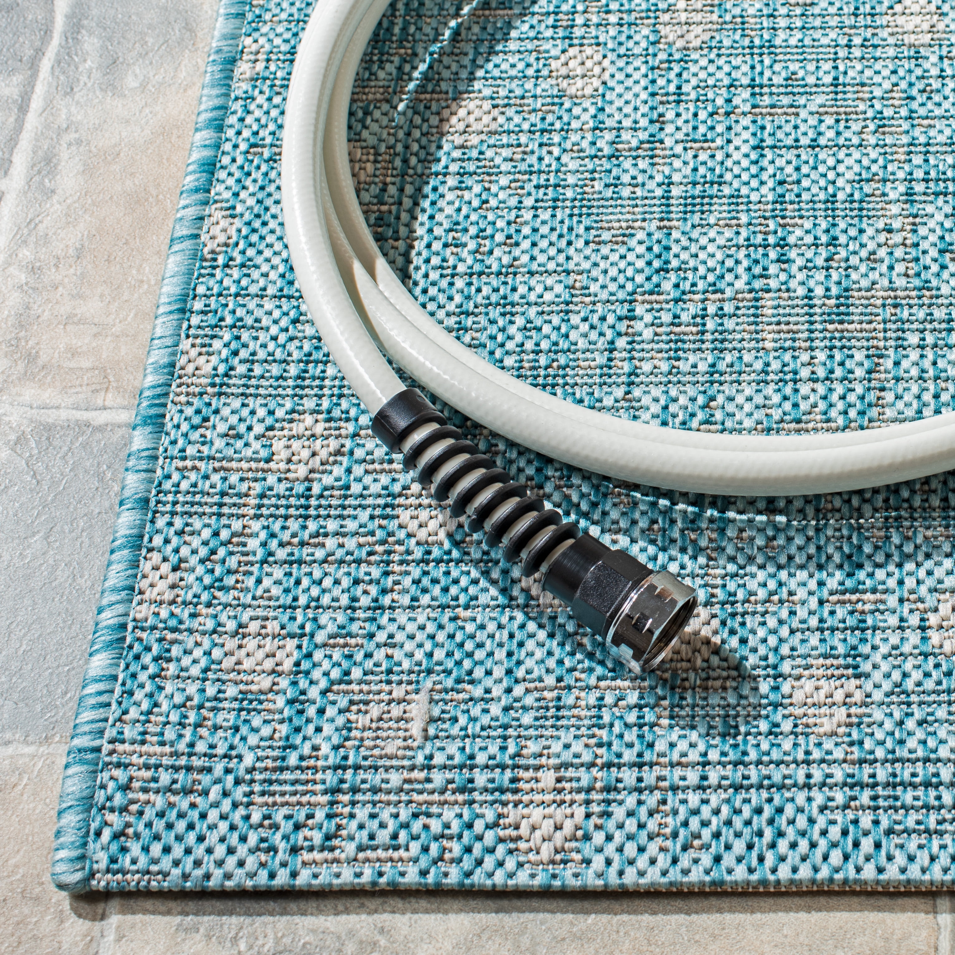 SAFAVIEH Courtyard Ilean Geometric Indoor/Outdoor Area Rug, Aqua/Grey, 8' x 10'