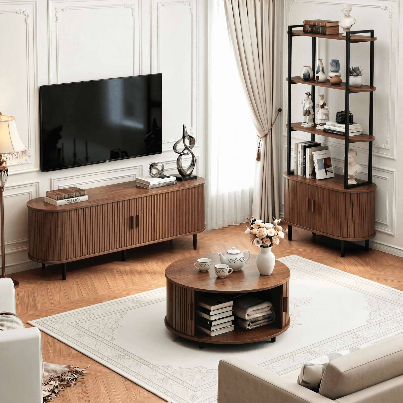 55 Inch TV Stand with Built-in Power Outlet, Compatible with TVs Up to 60 Inches, Modern Entertainment Center with Adjustable Shelves, Storage Space, and Sliding Doors, Walnut