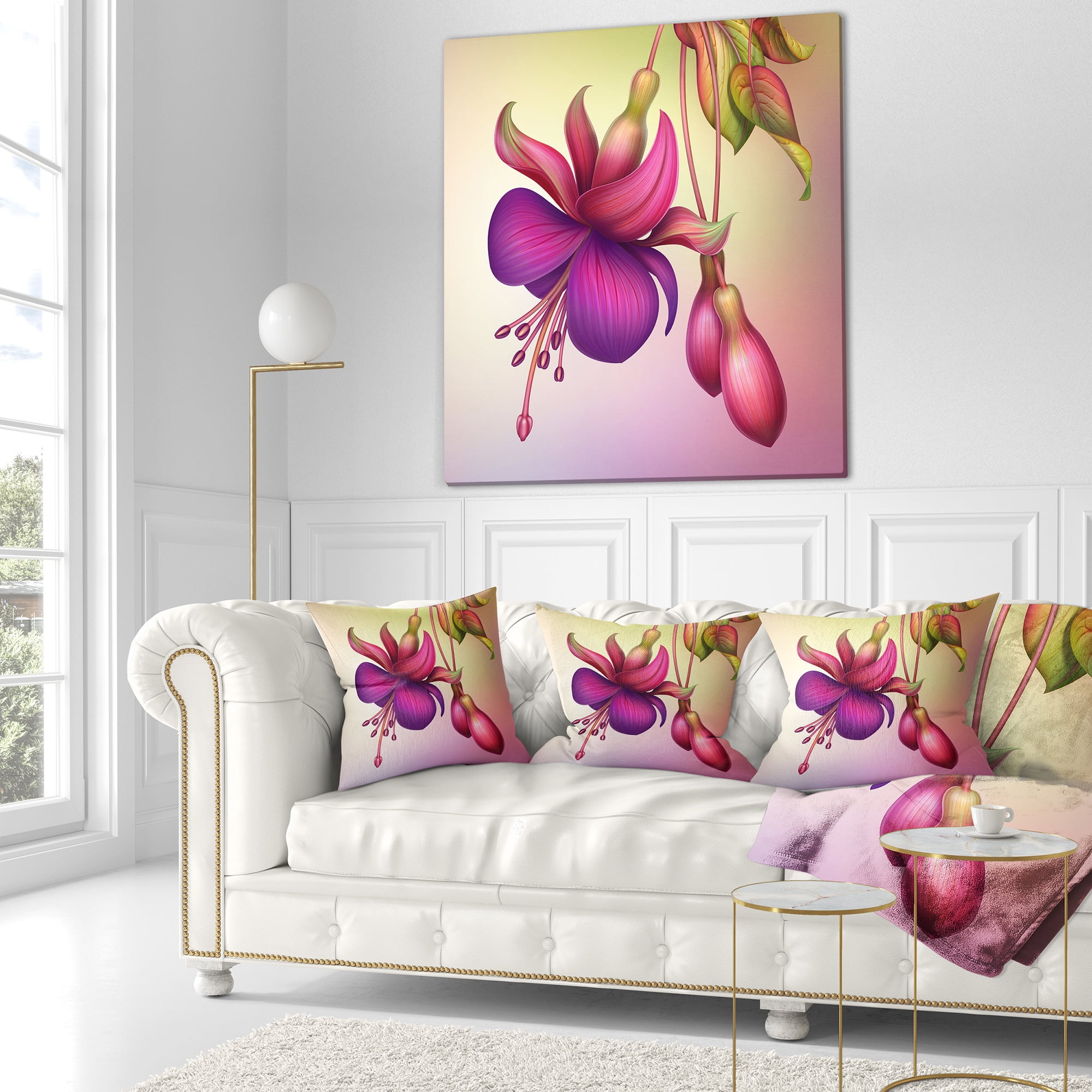 Designart Fuchsia Flowers with Green Leaves - Floral Throw Pillow - 18x18