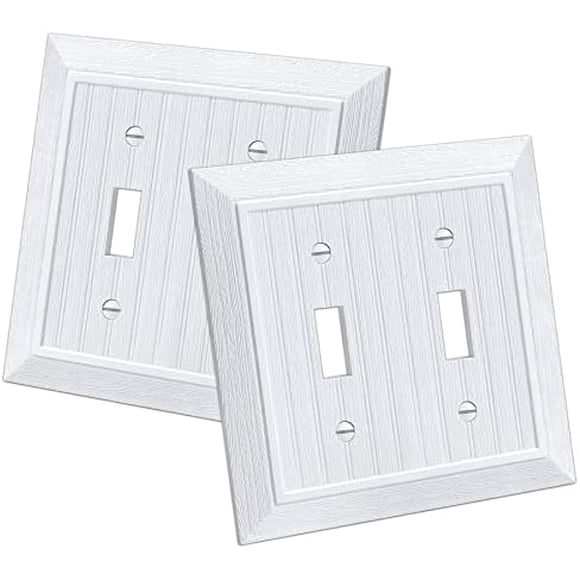 CML Classic Double Toggle Light Switch Wall Plate, 2-Gang Beadboard Outlet Covers, Vintage Retro Wood Grain Design, Standard Size 4.95”X 4.87”, Impact Resistant, 2-Pack, White White 2 Pack White 2