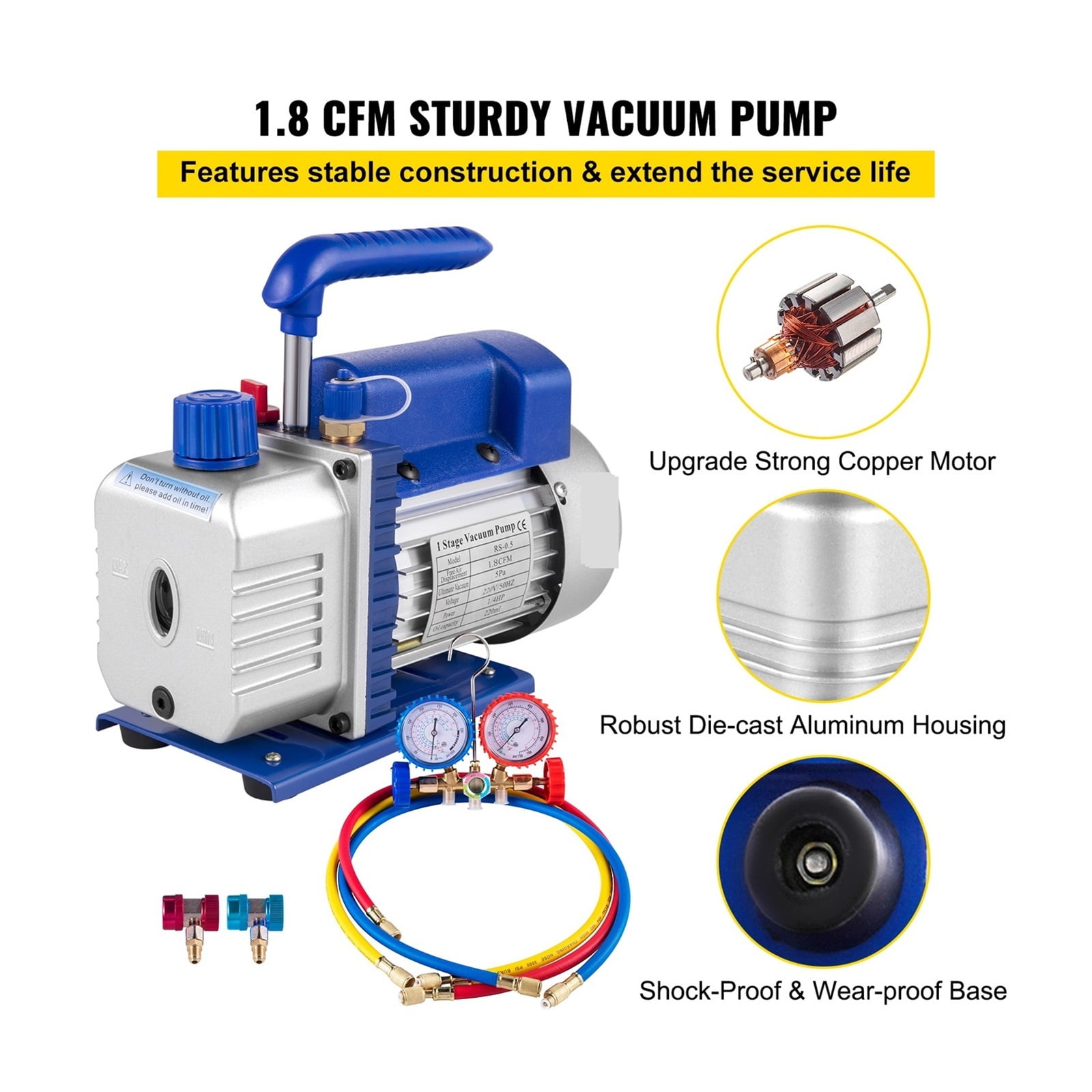 1.8-4.8CFM Refrigerant Vacuum Pump Kits HVAC Refrigeration 1/3 1/4 With Manifold Gauge For Household Air Conditioning