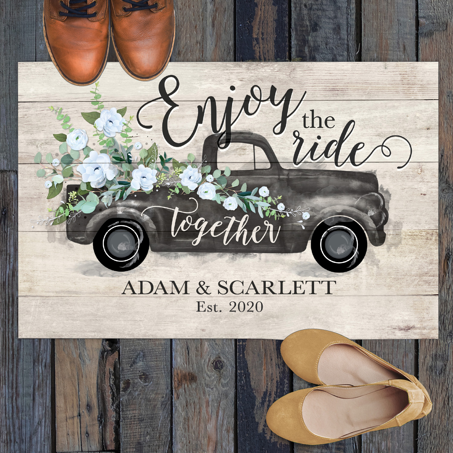 Personalized Planet 27x18 Enjoy the Ride Together Vintage Pickup Truck Personalized Doormat on Durable Indoor Outdoor 1/8" Thick Low Profile Mat with Non Slip Rubber Backing