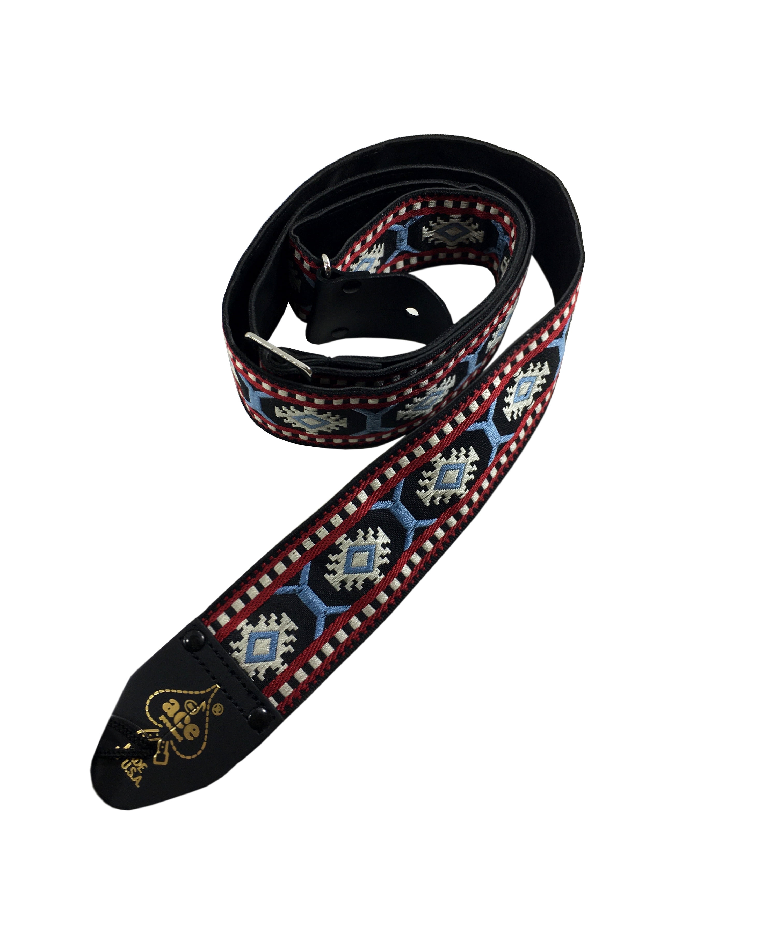 Ace Guitar Strap Vintage Style Jacquard Weave Blue Red & White