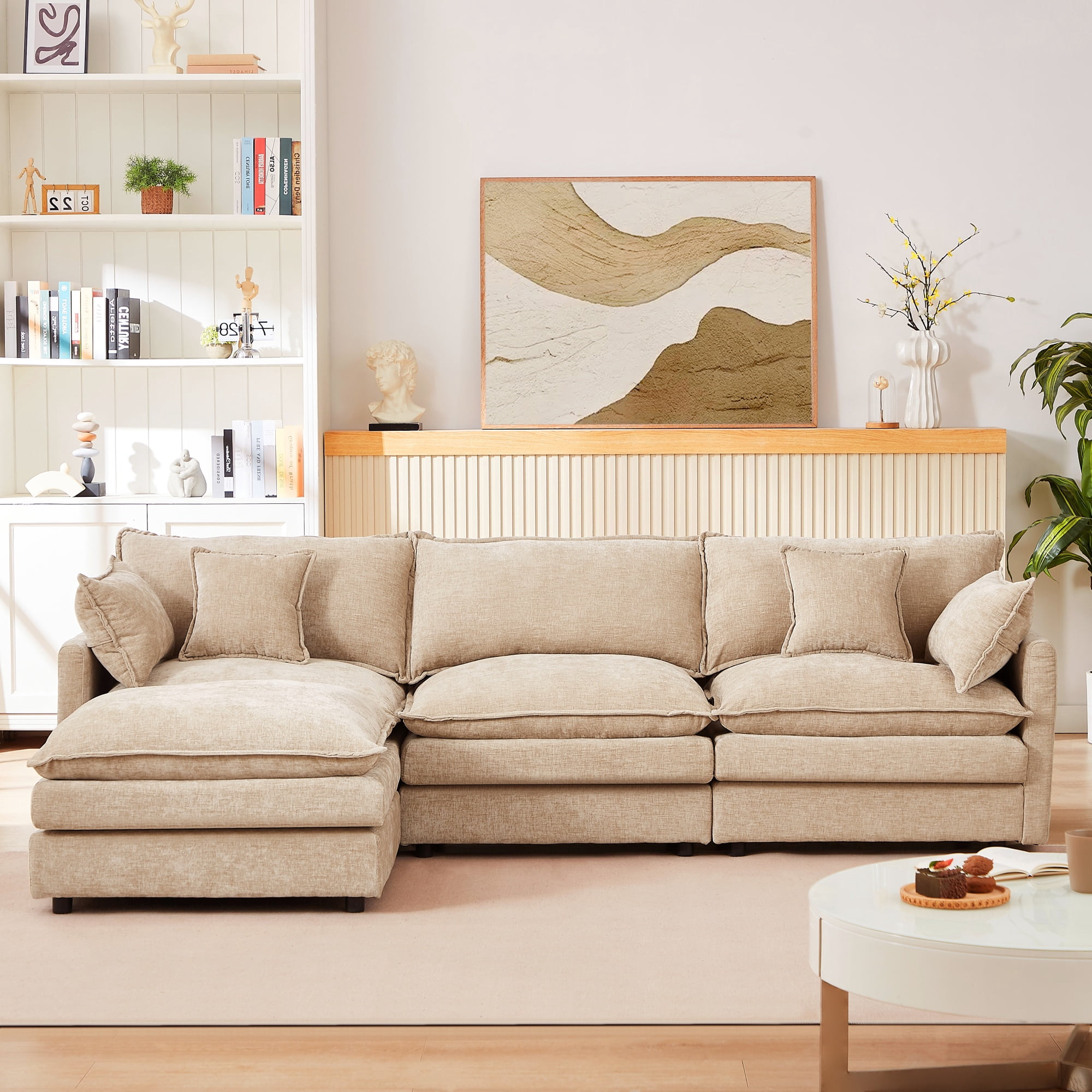 BINBANK Sectional Modular Sofa L Shaped Chenille Fabric Couch with High Supportive & Soft Sponges and Removable Ottoman, Sleeper Comfy Upholstered Furniture for Living Room,3-Seater,Coffee