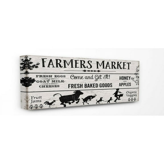 The Stupell Home Decor Black and White Farmers Market Planked Look Sign Canvas Wall Art, 13 x 30