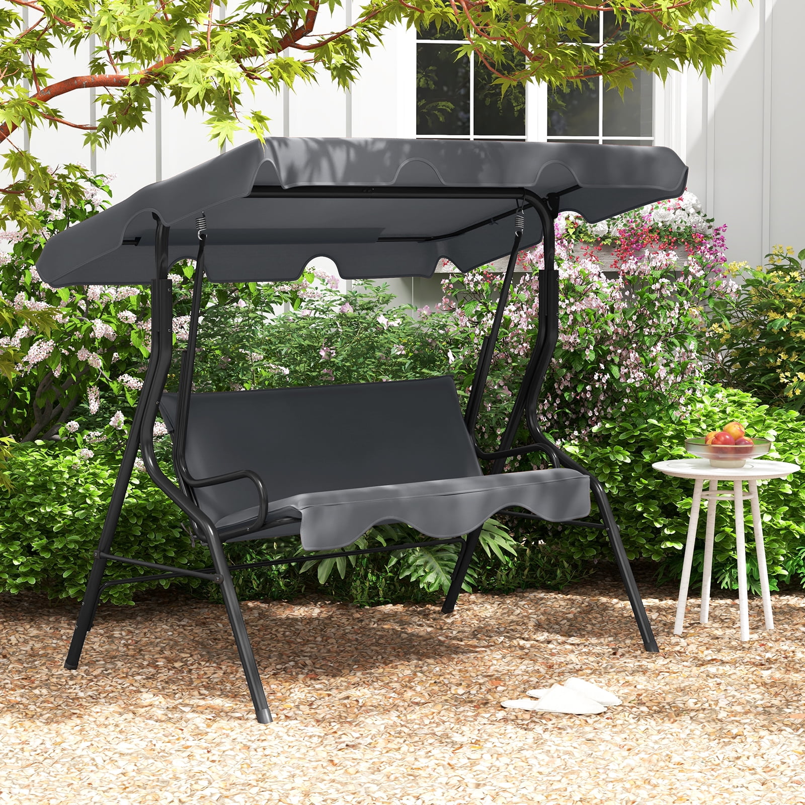 Costway Patio 3 Seats Canopy Swing Glider Hammock Steel Frame Cushioned Backyard Grey