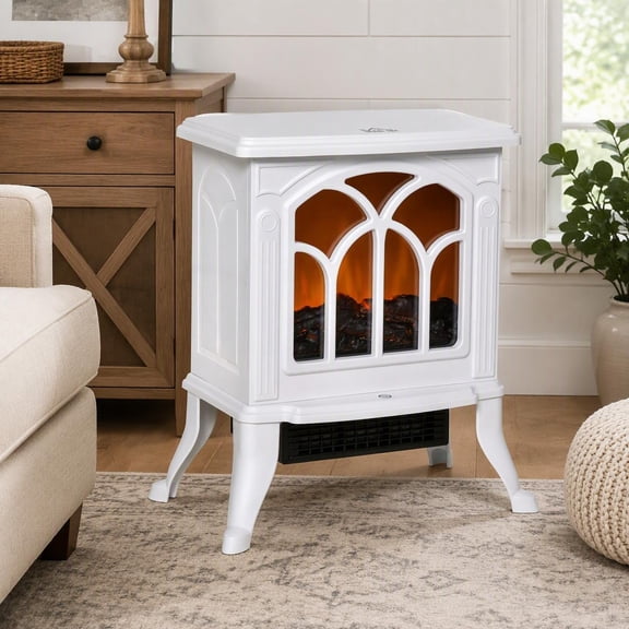 17 in Freestanding Electric Fireplace Stove with Realistic Logs and Flame Effect 750W/1500W Overheat Protection White Plastic