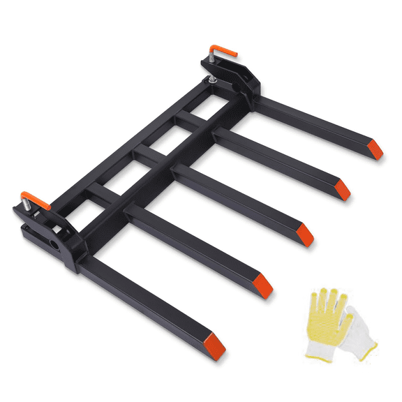 Clamp on Debris Forks Fit 48" Bucket, Heavy Duty Pallet Forks 2500 LBS Capacity with 5 Tines & Stabilizer Bar for Skid Steer Loader Tractor-Extra Gloves Gift