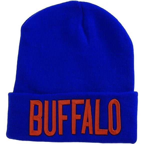 Buffalo City Name Adult Size Winter Knit Cuffed Beanie Hat (Royal/Red)