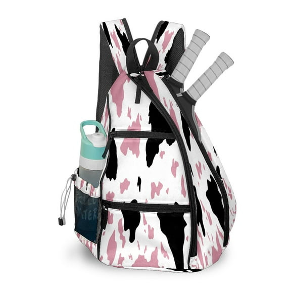 Pickleball Bags for Men Women Pickleball Backpack with Large Capacity Lightweight Adjustable Pickleball Sling Bag Hold Paddles, Balls, Accessories Funny Cow Print Pink Black