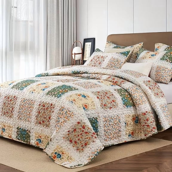 3pcs Floral Patchwork Quilt Set Lightweight Comforter Bedding Queen King Twin Full