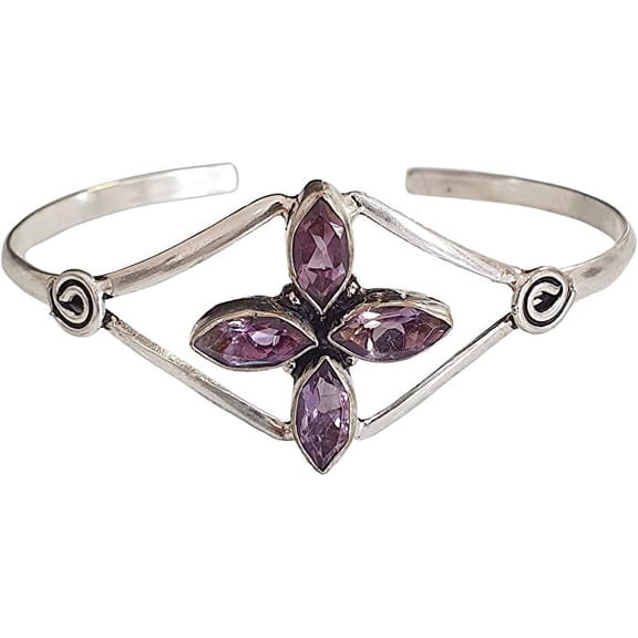 Purple Amethyst Gemstone Fashion Bracelet for Women, Silver Plated Modern Bohemian Tribal Design Handmade Designer Cuff Bracelet, Boho Party Jewelry