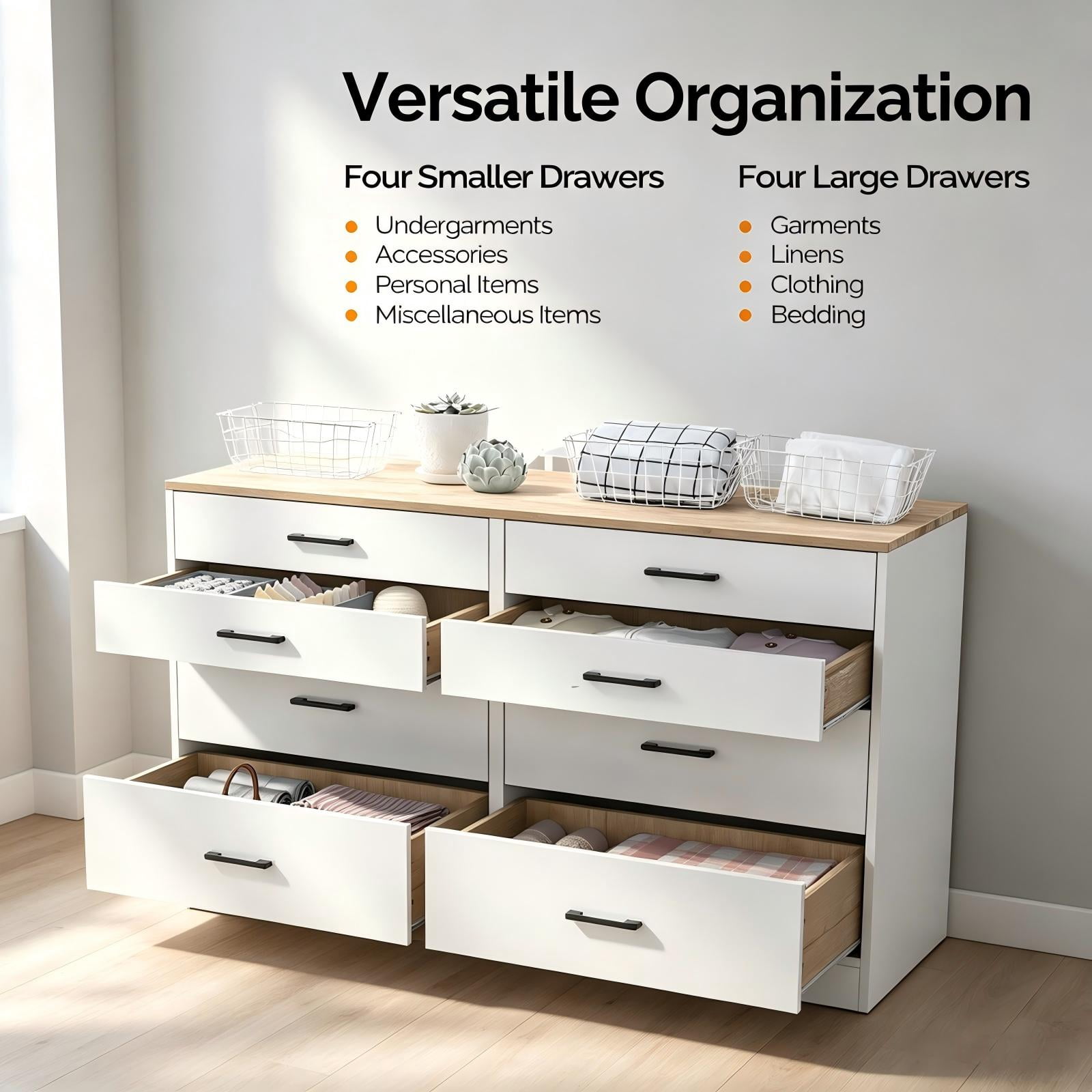 Double-Row 8-Drawer Storage Cabinet, Particleboard with Melamine-Coated Drawers, 55.91 x 17.72 x 32.28 in, Brown & White