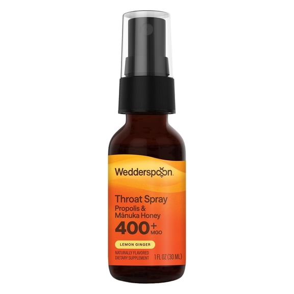 Wedderspoon Manuka Honey 400  MGO & Propolis Throat Spray for Sore Throat Relief, Lemon & Ginger, 1 fl oz