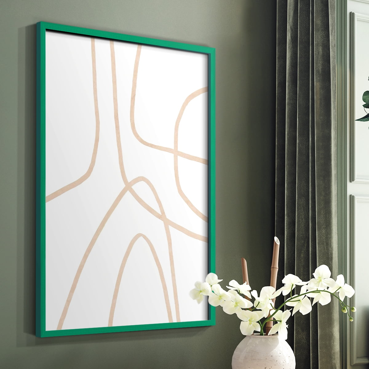 Clean Contour II Framed Print in Green Solid Wood Framed Print No Nail Hanging