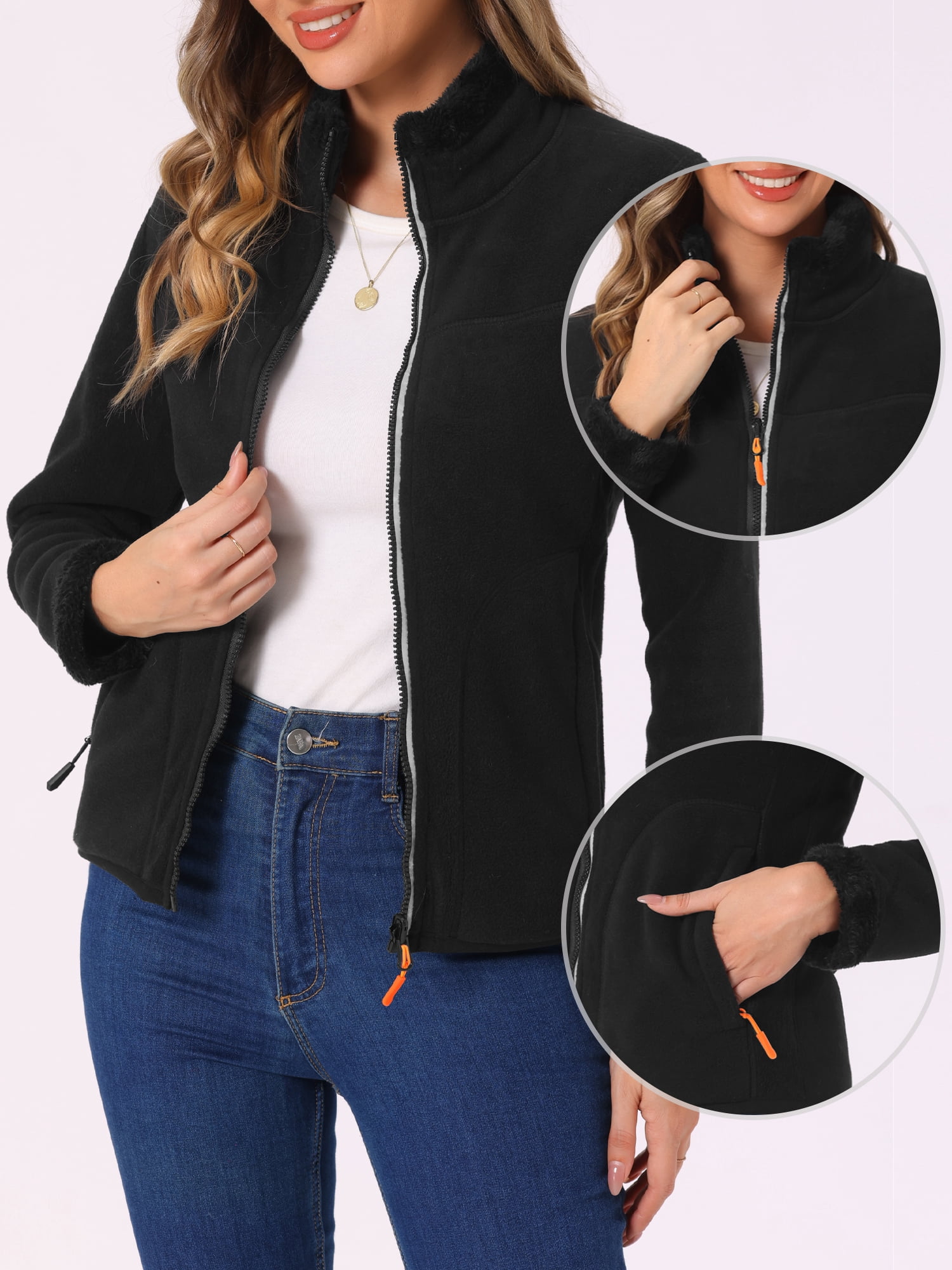 Unique Bargains Women's High Neck Full Zip Fleece Jacket Coat L Black